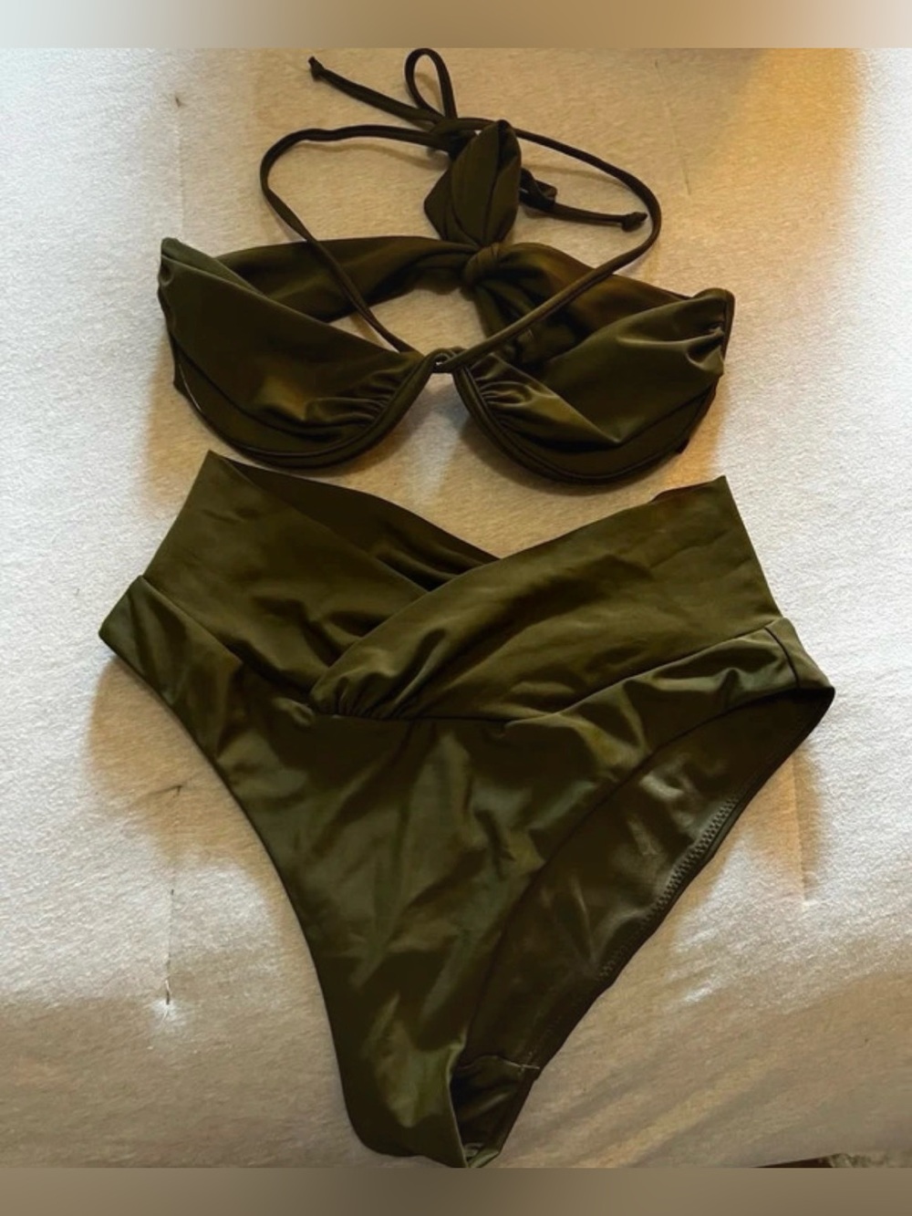 Caroline Constas twist-front bandeau halter bikini set in olive green